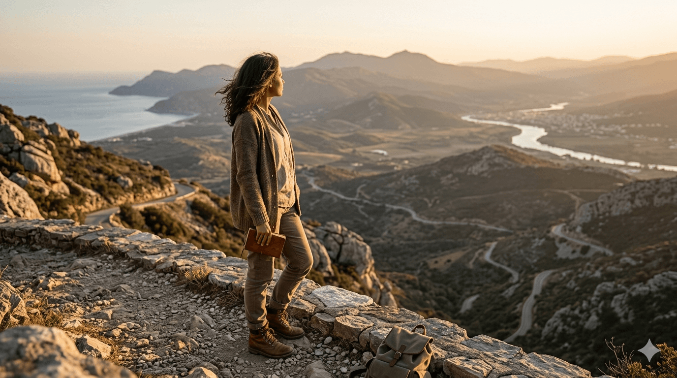 A traveler overlooking a scenic landscape at golden hour